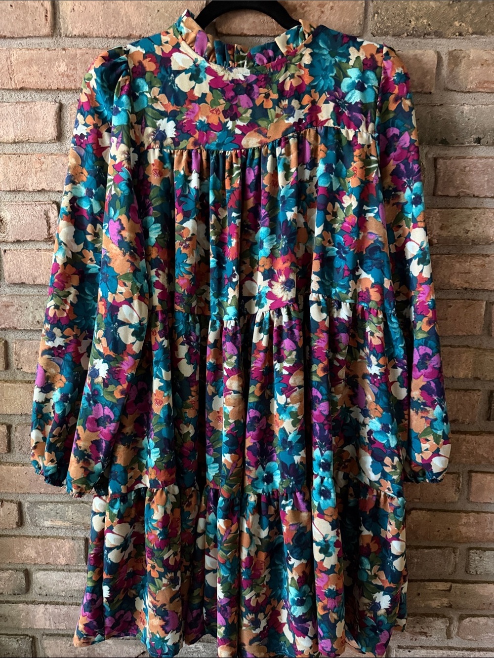 Tiered Floral Mini Dress in Teal, Purple & Tan